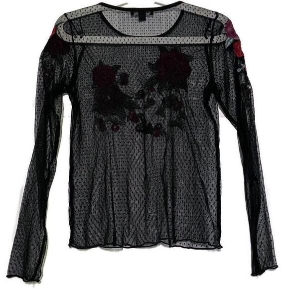 American Eagle Rose Embroidered Mesh Top Polka Dot Long Sleeve Black Small - Picture 2 of 2